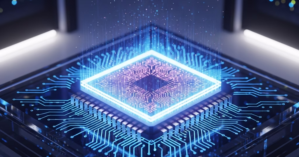 Puce TPU futuriste illuminée représentant la puissance de l'intelligence artificielle