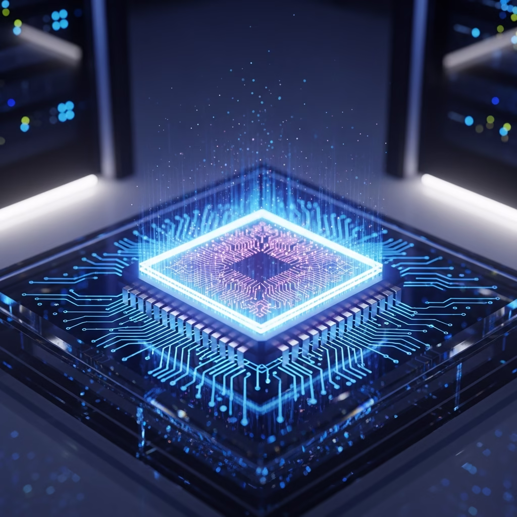 Puce TPU futuriste illuminée représentant la puissance de l'intelligence artificielle