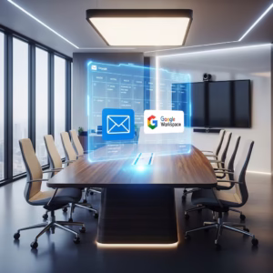 Illustration de la réservation d'une salle de réunion Google Workspace depuis Microsoft Outlook.