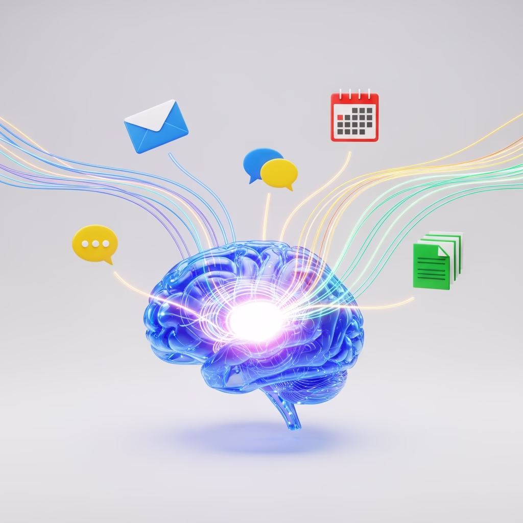 Illustration d'un cerveau artificiel connecté aux applications Google Workspace.