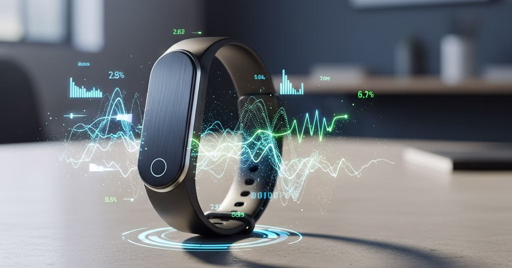 Nouveau bracelet connecté Fitbit Air sans écran posé sur un bureau.