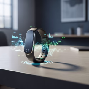 Nouveau bracelet connecté Fitbit Air sans écran posé sur un bureau.