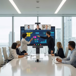 Écran tactile interactif dans une salle de réunion moderne avec visioconférence Google Meet.