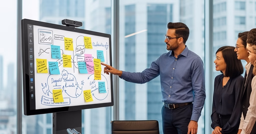 Des professionnels collaborent sur un écran tactile Android avec un tableau blanc Google Meet.