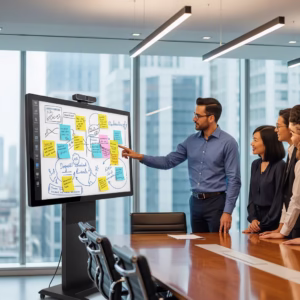 Des professionnels collaborent sur un écran tactile Android avec un tableau blanc Google Meet.