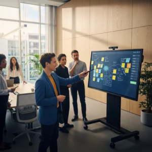 Des collègues utilisent un écran tactile Google Meet pour un brainstorming interactif.