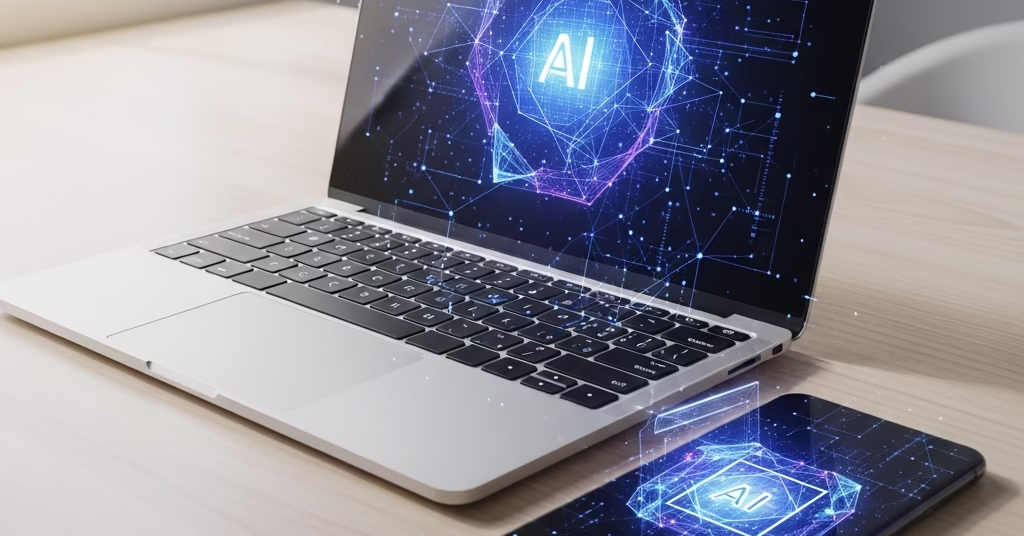 Un Googlebook et un smartphone Android affichant l'interface Gemini sur un bureau.
