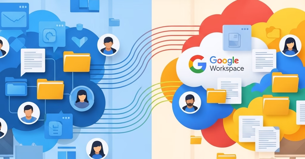 Illustration de la migration des utilisateurs de Microsoft vers le cloud Google Workspace.
