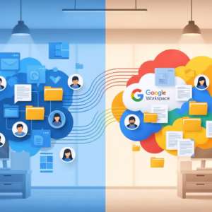 Illustration de la migration des utilisateurs de Microsoft vers le cloud Google Workspace.