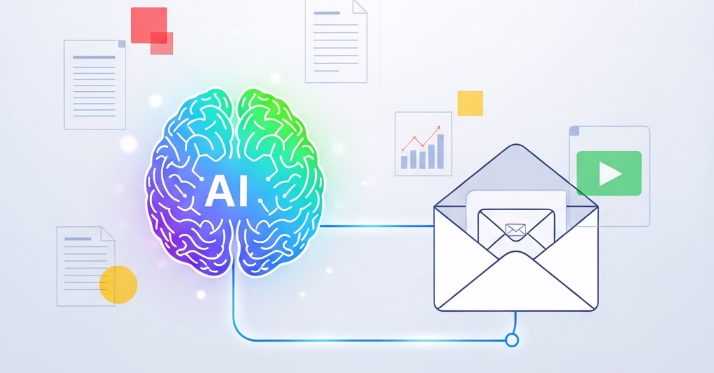 Illustration d'une intelligence artificielle générant des e-mails personnalisés dans l'interface Gmail.