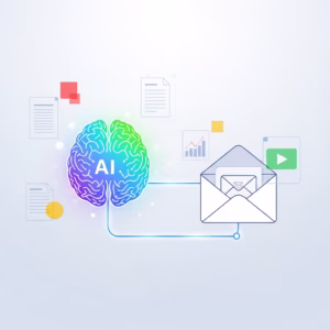 Illustration d'une intelligence artificielle générant des e-mails personnalisés dans l'interface Gmail.